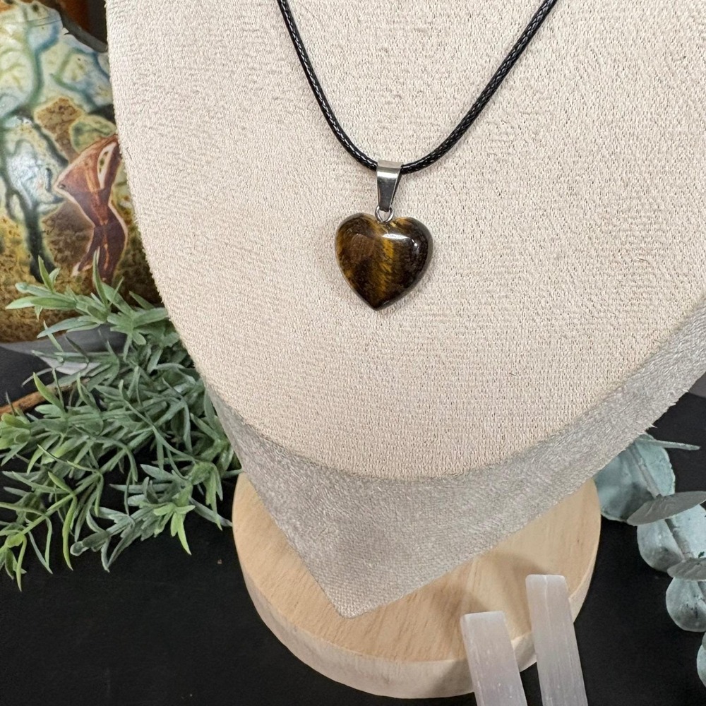 Tiger's Eye Heart Necklace | Stone Pendant | Leather Cord | Crystal Talisman